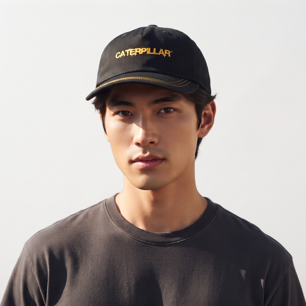 Thrifted Caterpillar Black Contrast Stitch Strapback Cap (57-59 cm) |10093