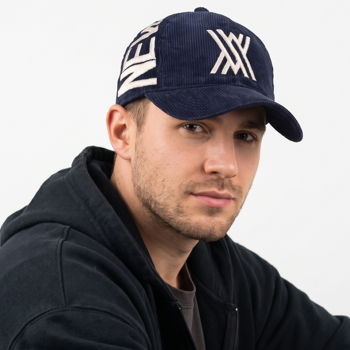Thrifted Navy Blue Corduroy Graphic Snapback Cap – Unisex Streetwear (56-57 cm) | 11009