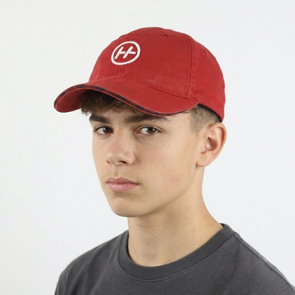 Thrifted  Horsch Red Cotton Embroidered Curved Brim Cap (Size 55–56 cm) | 10884