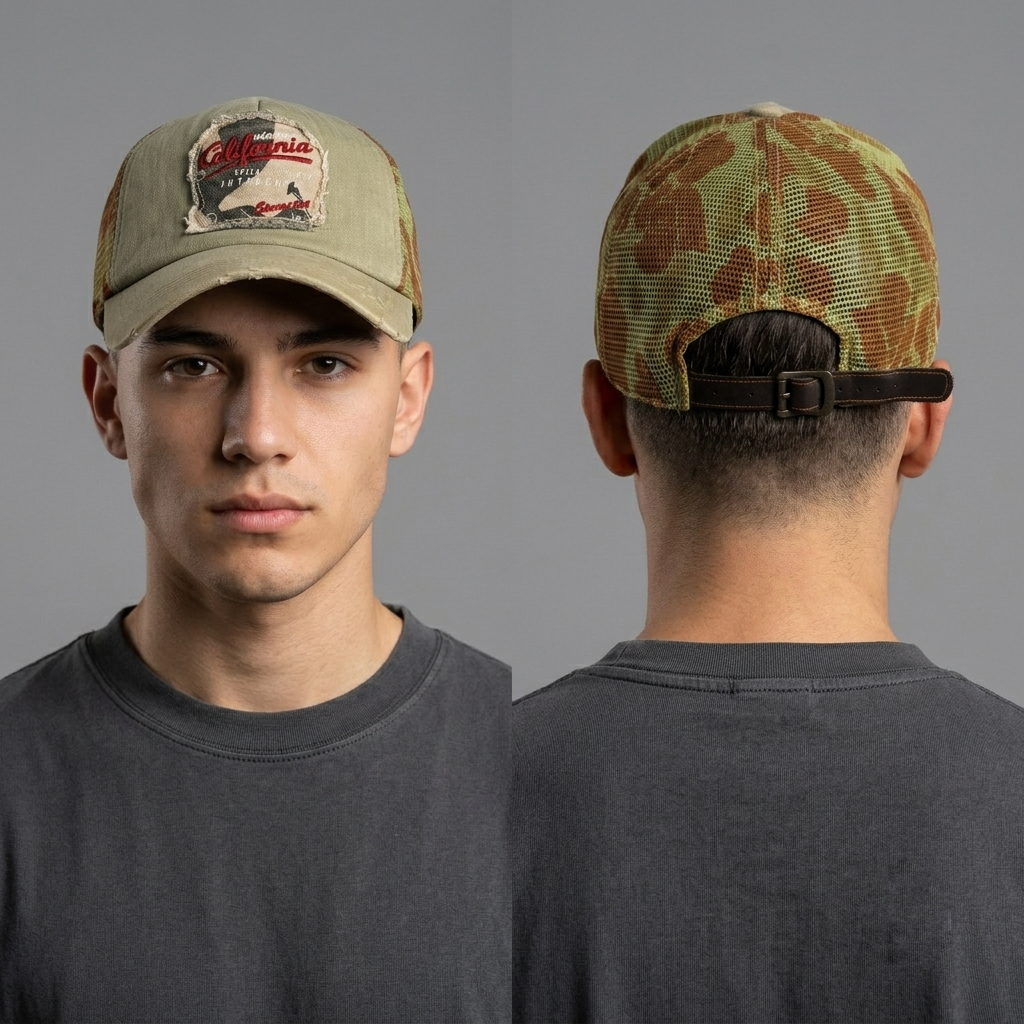 Thrifted Intercrew California Raw Edge Patch Camo Trucker Hat (Size 57–59 cm) |10831