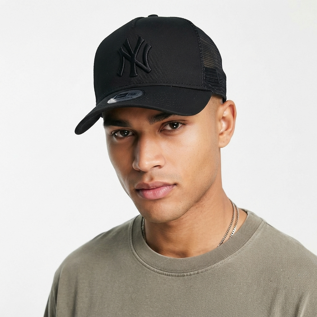 Thrifted New Era NY Yankees All Black Mesh Trucker Cap (57-58cm) |10675