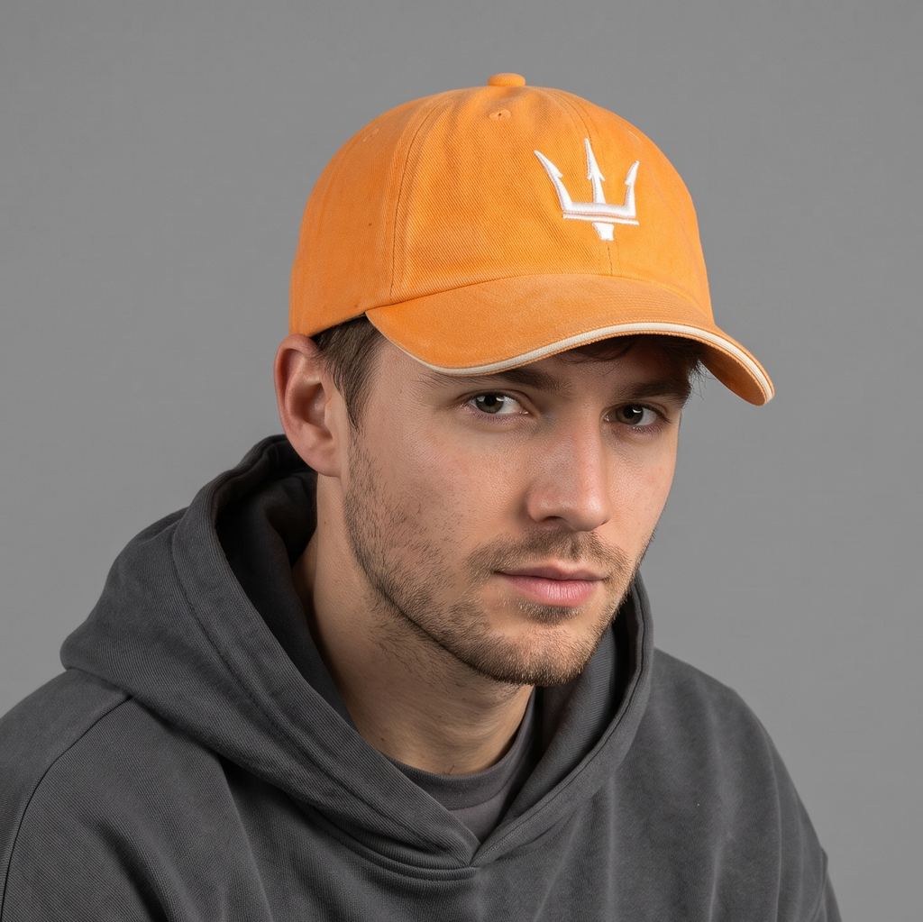 Thrifted Orange Cotton Baseball Cap with White Trident Logo (56-58 cm) | 11010