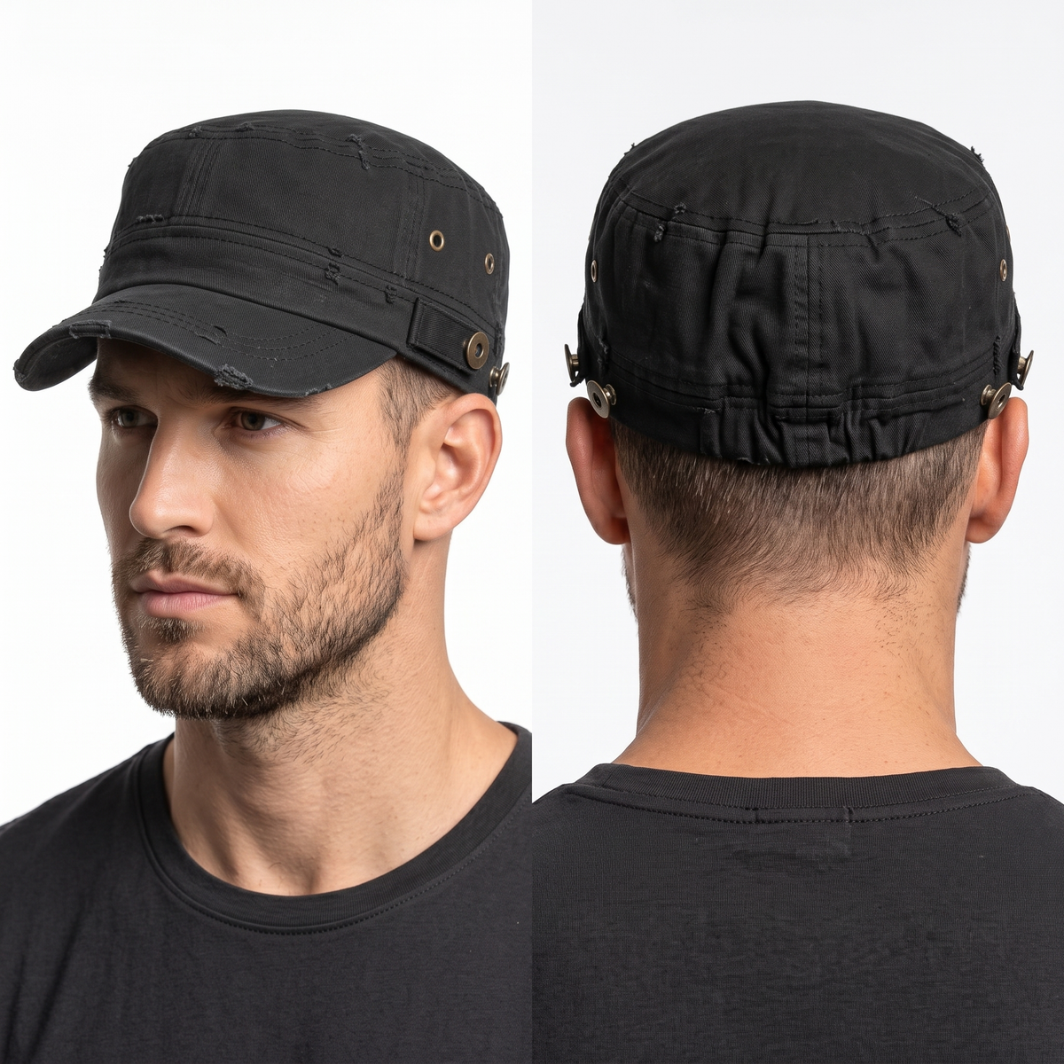 Thrifted Grunge Distressed Black Army Cap (58-60 cm) | 10275
