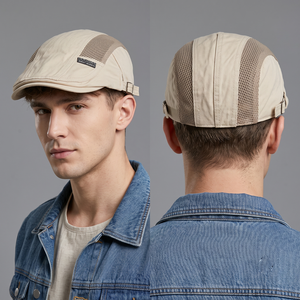 Thrifted BOGUAN Breathable Mesh Flat Cap – Khaki Beige (57–58 cm) | 10663