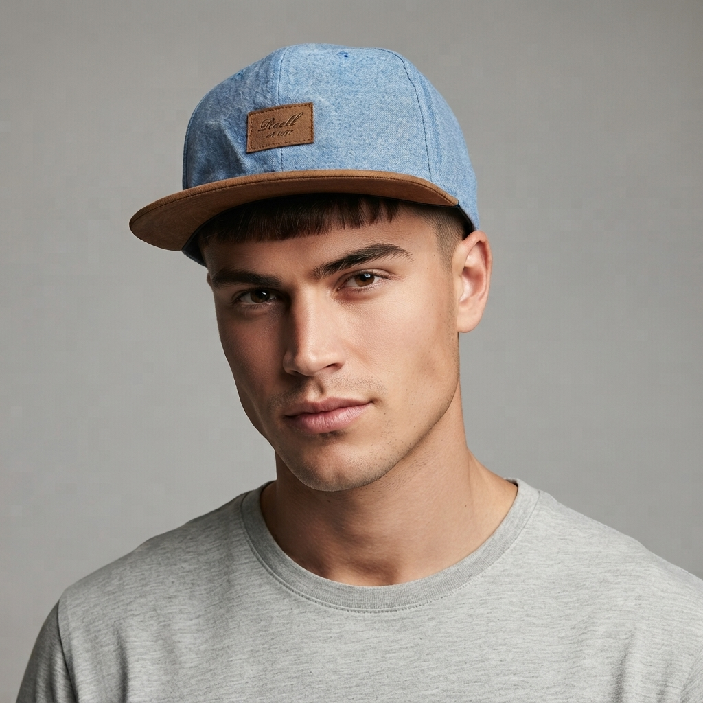 Thrifted Reell Washed Blue & Brown Suede Flat Brim Snapback Hat (56-57cm) | 10634
