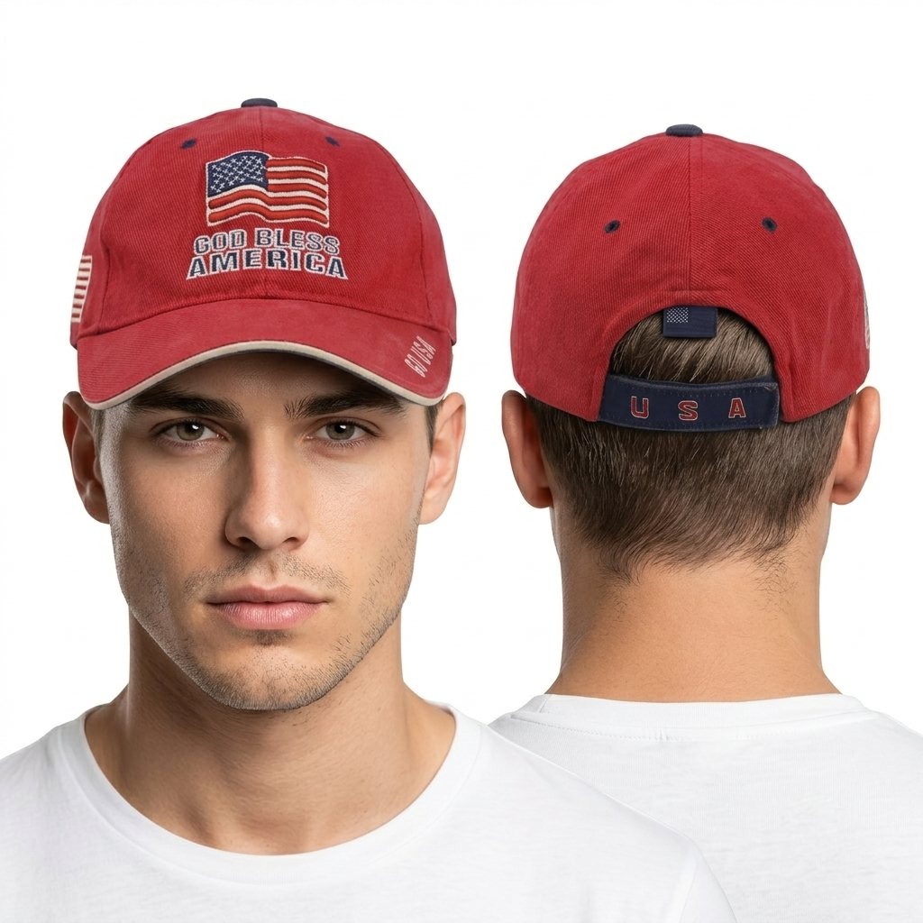 Thrifted God Bless America Red Embroidered USA Flag Dad Hat (56 cm) | 10717