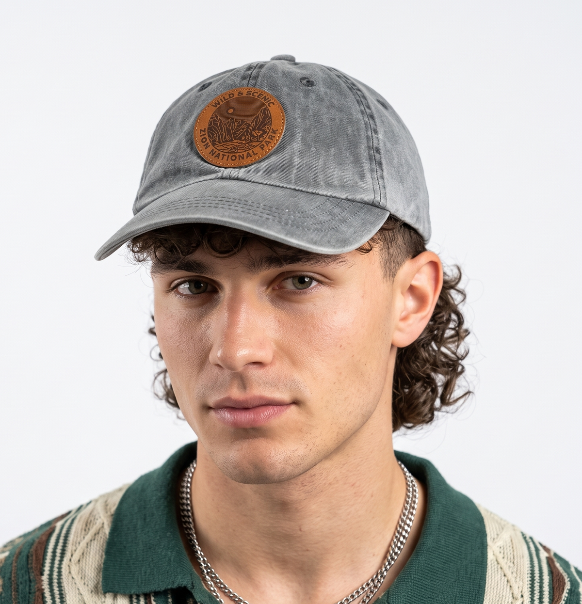 Thrifted Vintage Grey Zion National Park Leather Patch Baseball Cap (56–57 cm) | 10548