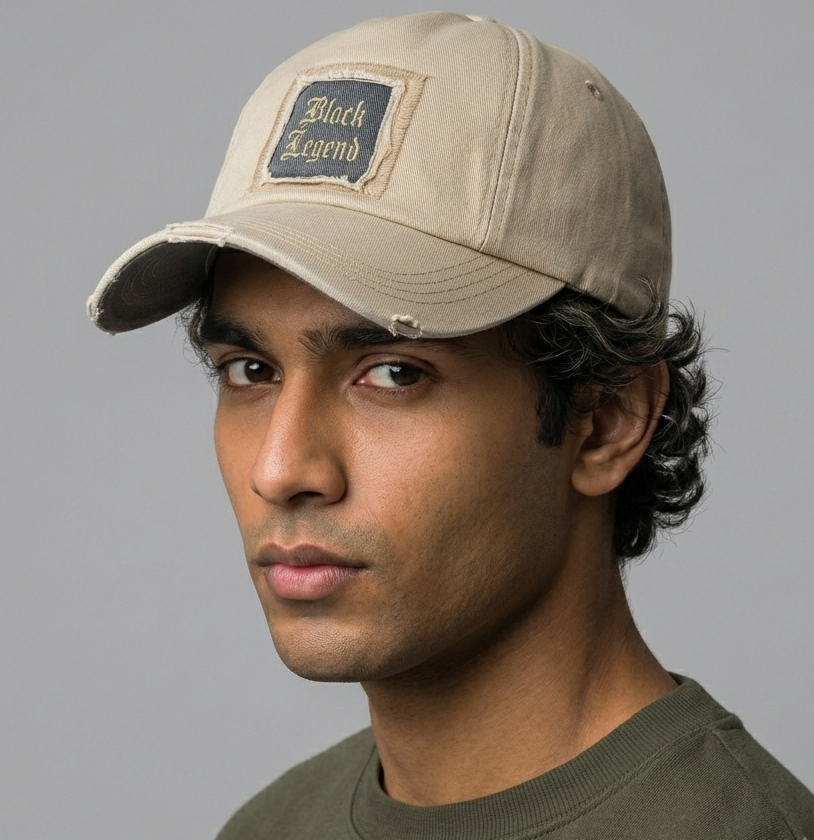 Thrifted Angelo Litrico "Black Legend" Patch Distressed Beige Baseball Cap 57–59 cm | 10848