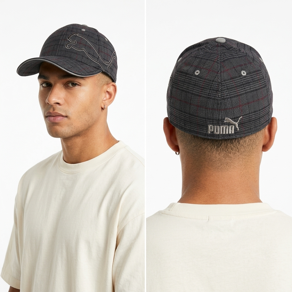Thrifted Puma Dark Grey Plaid Baseball Cap – Big Logo Tartan Golf Hat (56-57cm) | 10626