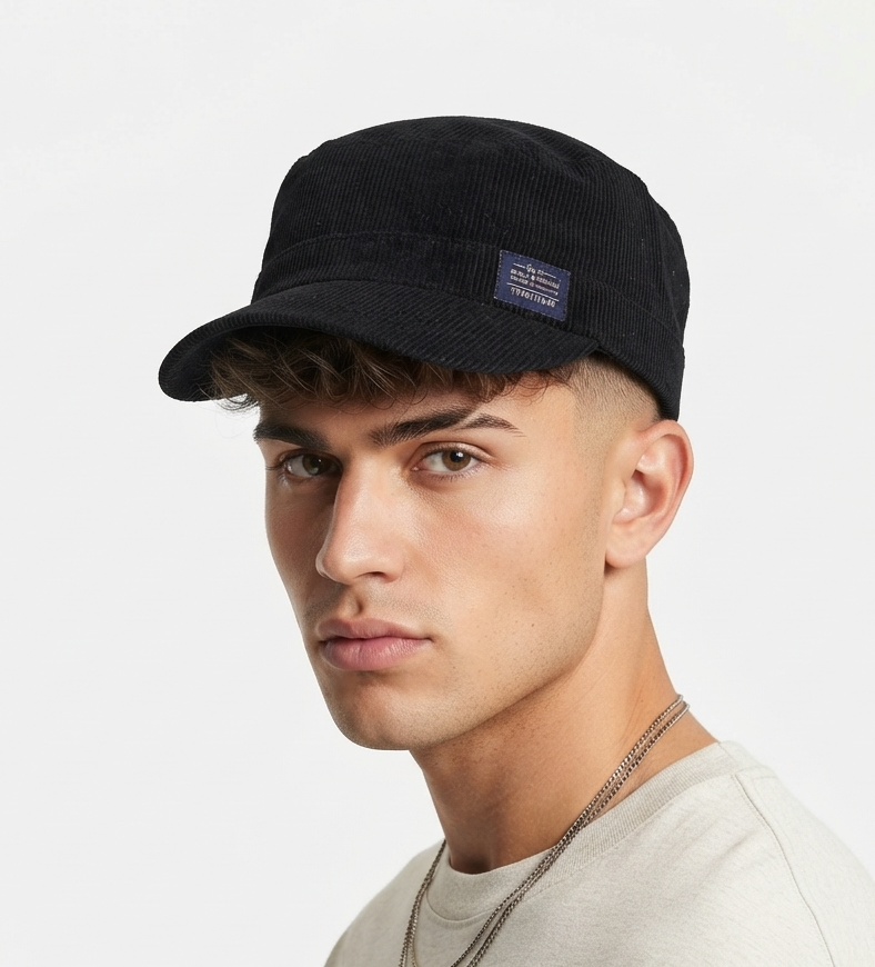 Thrifted Bickley & Mitchell Black Corduroy Cadet Cap (57-58cm) | 10658