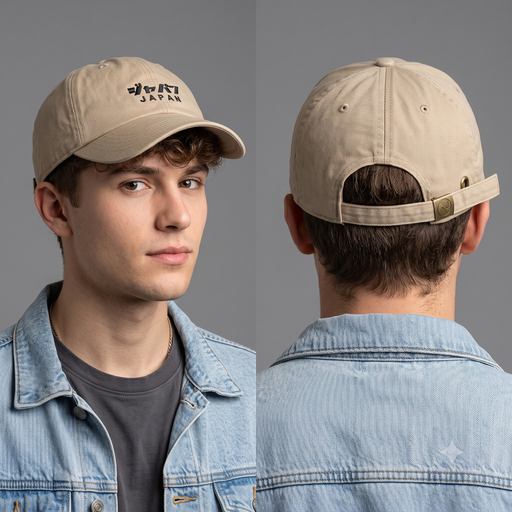 Thrifted Khaki Japan Script Cotton Baseball Cap | 10343
