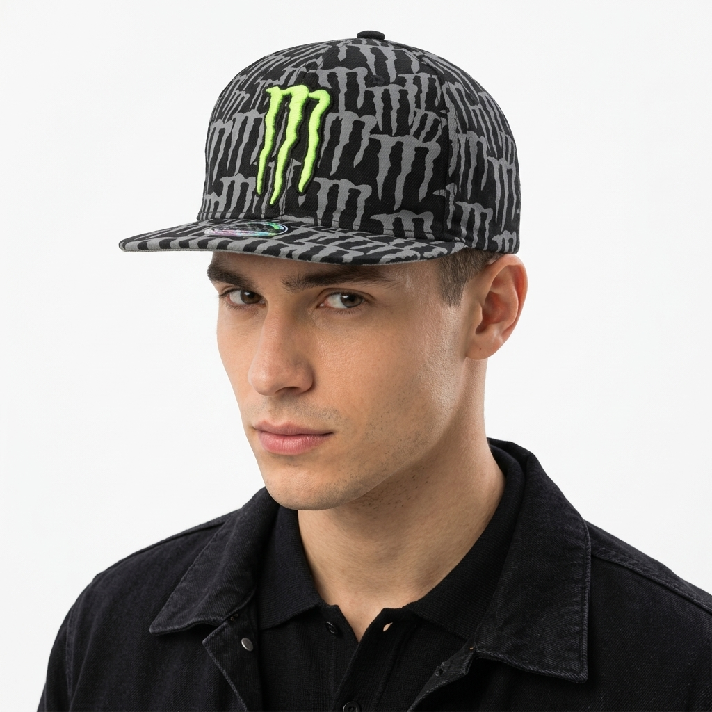 Thrifted Monster Energy Black & Grey Monogram Flat Brim Cap (Size 57–59 cm) | 10829
