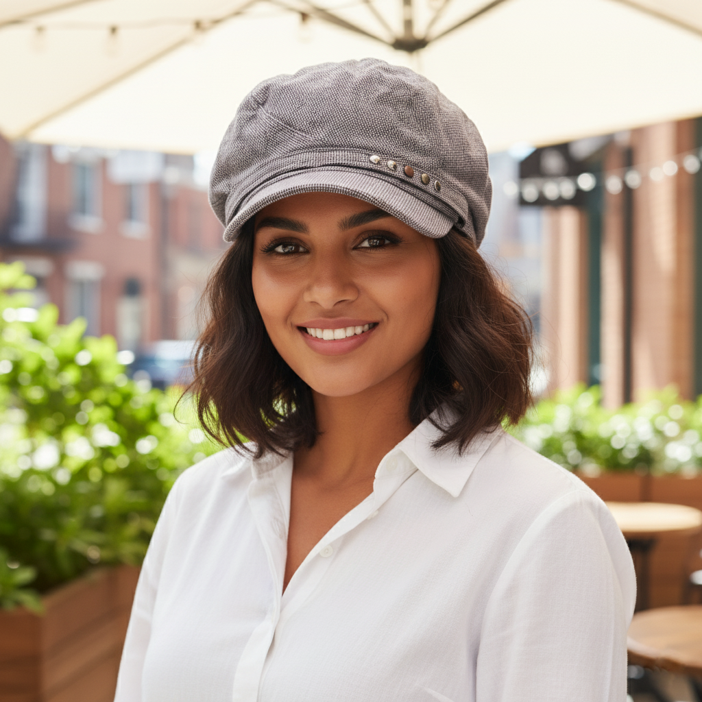 Slouchy Studded Cabbie Cap - Grey