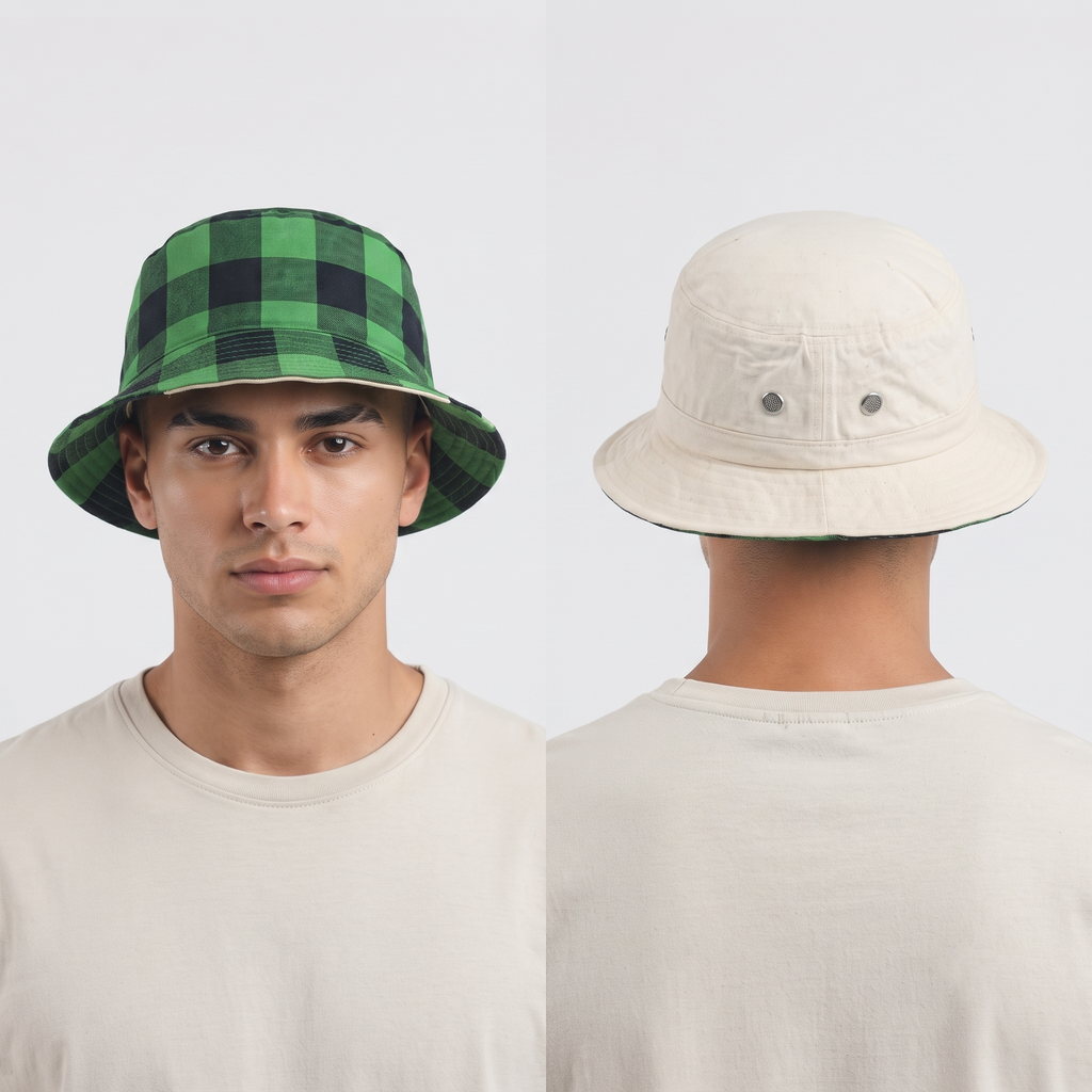 Thrifted 2-in-1 Green Buffalo Check Unisex Sun Bucket Cap (57-59 cm)