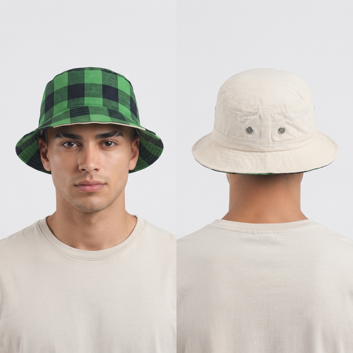 Thrifted 2-in-1 Green Buffalo Check Unisex Sun Bucket Cap (57-59 cm)
