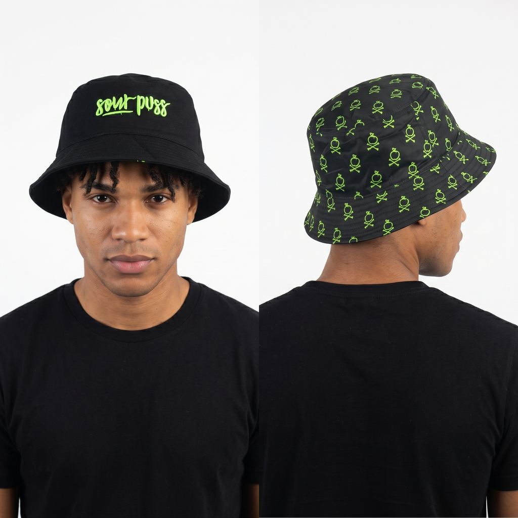 Thrifted Sour Puss Neon Crossbones Bucket Hat | Y2K Streetwear Sun Hat (58-59cm)