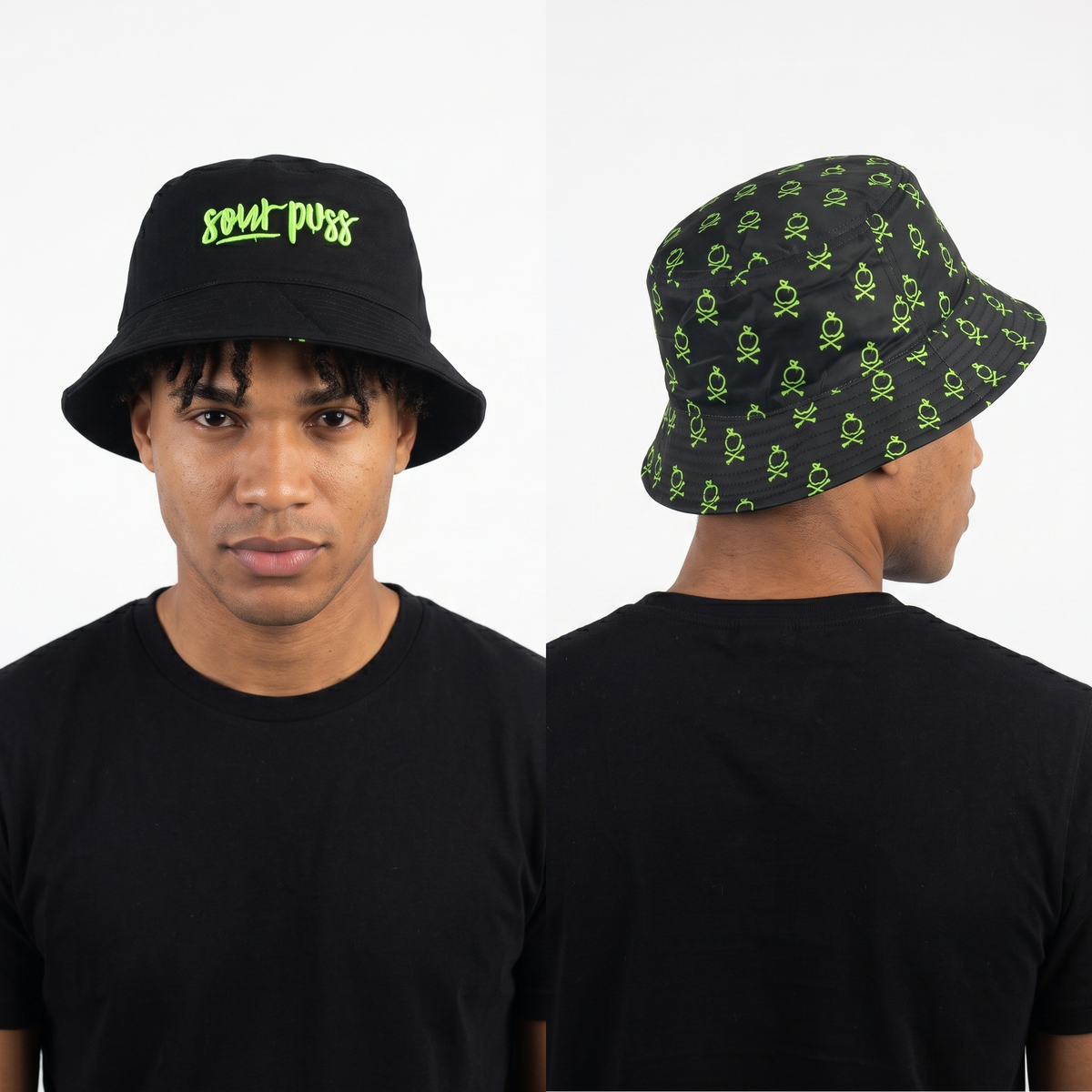 Thrifted Sour Puss Neon Crossbones Bucket Hat | Y2K Streetwear Sun Hat (58-59cm)