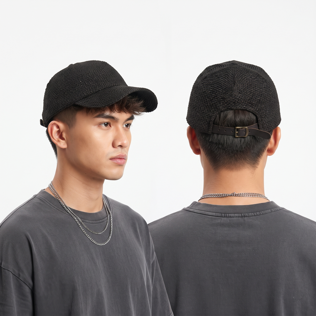 Thrifted Black Woven Straw Leather Buckle Cap (56-58 cm) | 10051