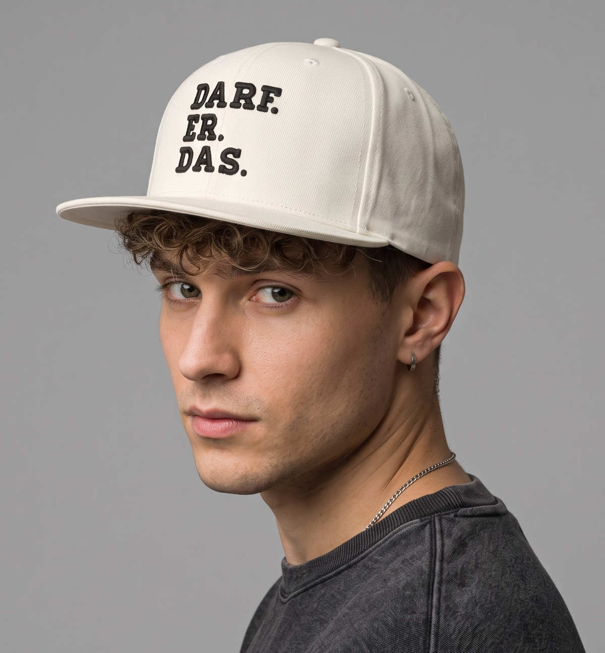 Thrifted "DARF. ER. DAS." Embroidered Flat Brim Snapback Cap – Off-White (57–58 cm) |10666