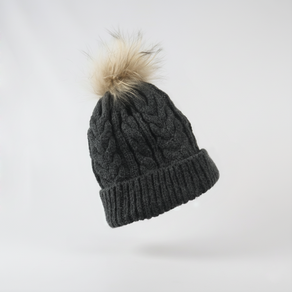 Premium Mauritius Cable Knit Winter Hat – 100% Real Fur Pom Adult size