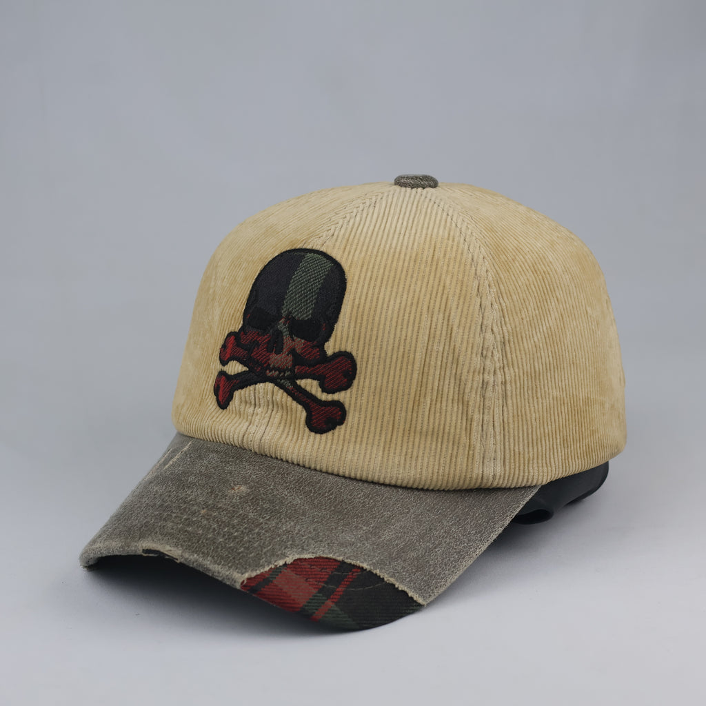 Grunge Skull Embroidered Corduroy Cap | Thrifted Plaid Brim Hat 56-58cm