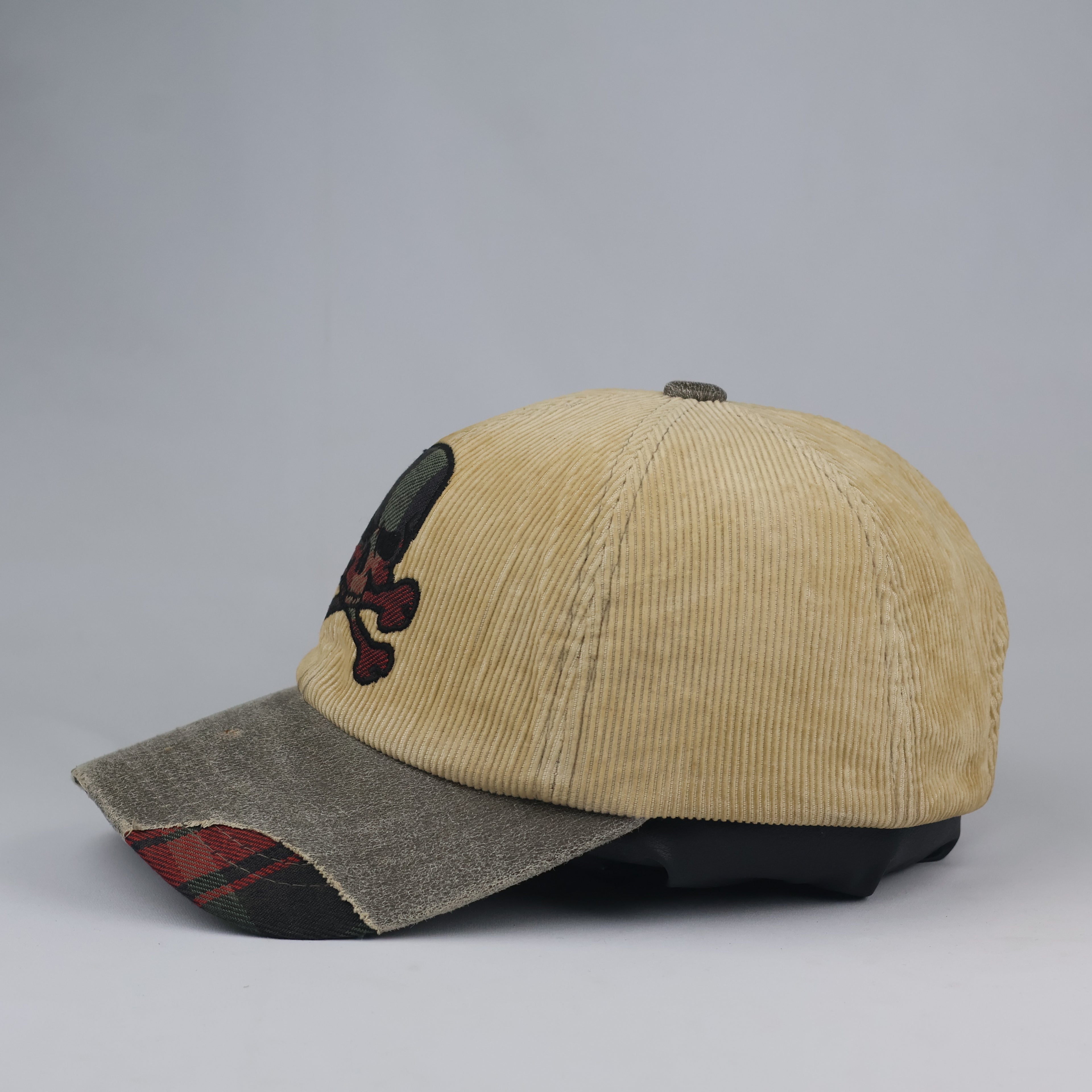 Grunge Skull Embroidered Corduroy Cap | Thrifted Plaid Brim Hat 56-58cm