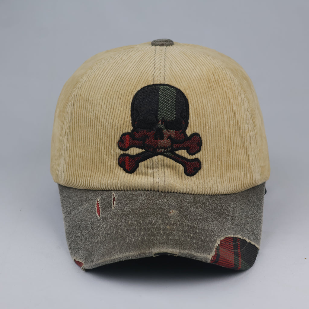 Grunge Skull Embroidered Corduroy Cap | Thrifted Plaid Brim Hat 56-58cm
