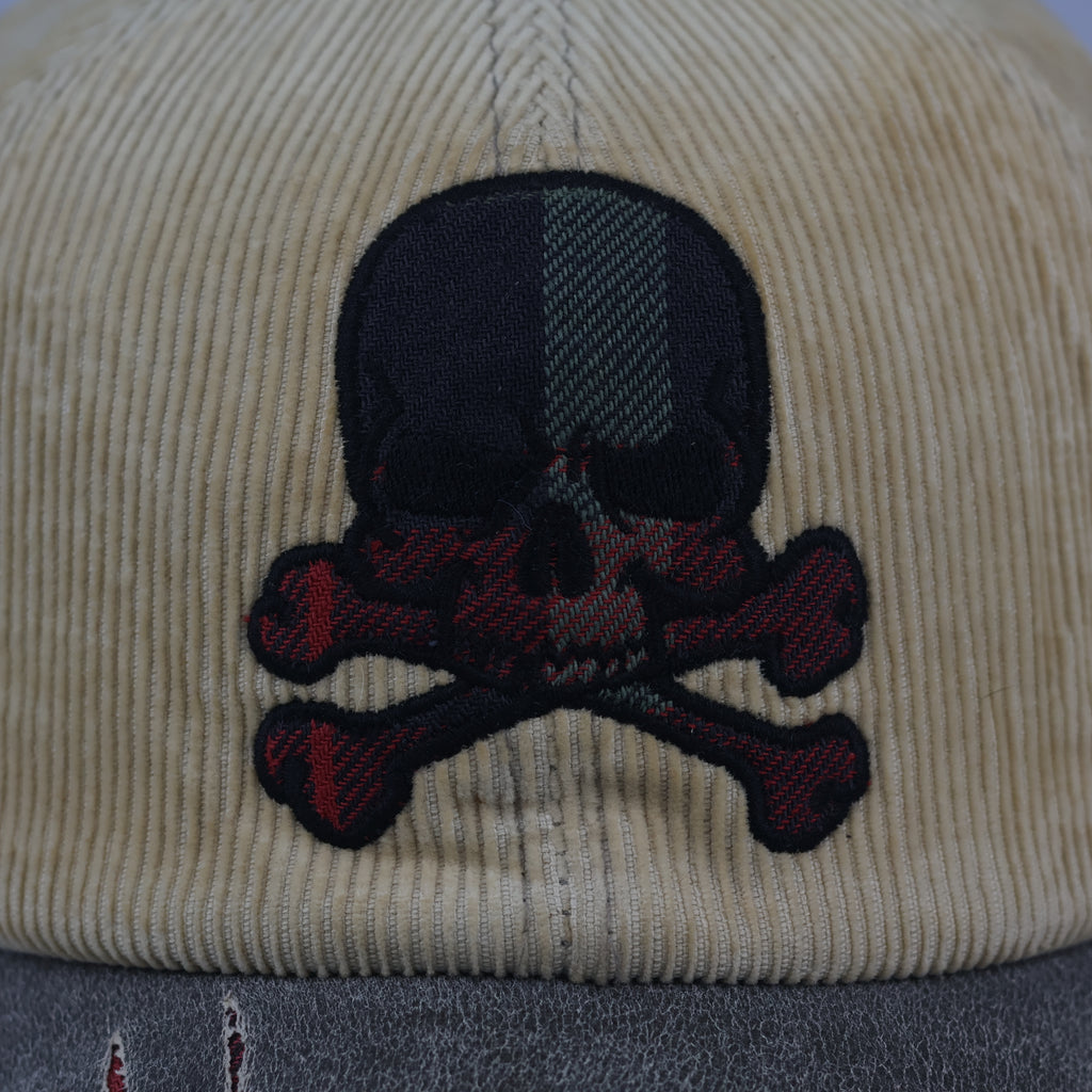 Grunge Skull Embroidered Corduroy Cap | Thrifted Plaid Brim Hat 56-58cm