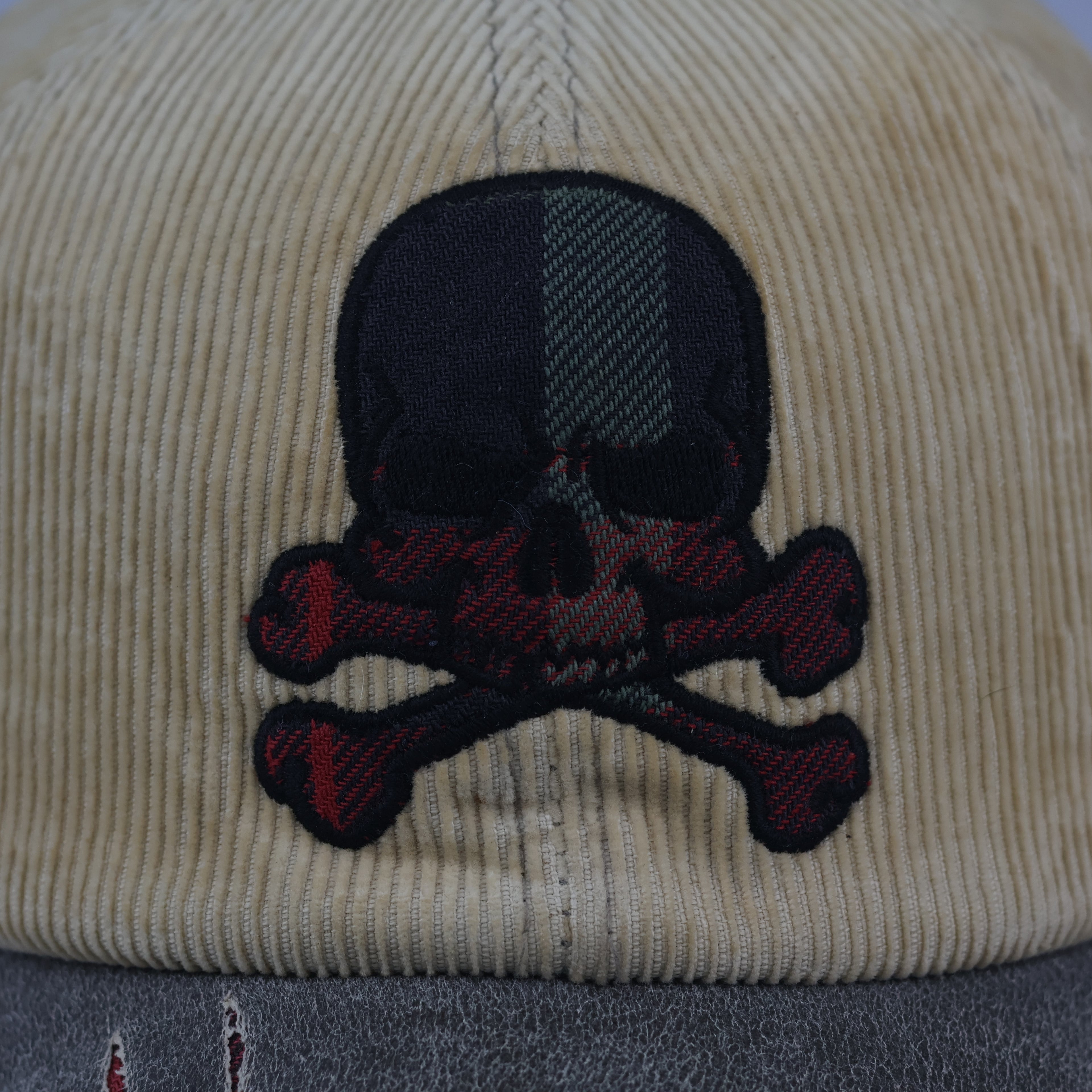 Grunge Skull Embroidered Corduroy Cap | Thrifted Plaid Brim Hat 56-58cm