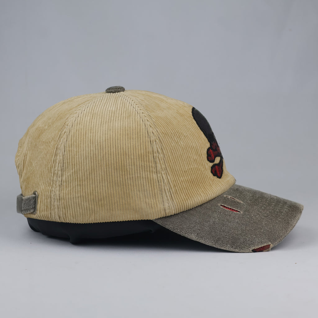Grunge Skull Embroidered Corduroy Cap | Thrifted Plaid Brim Hat 56-58cm