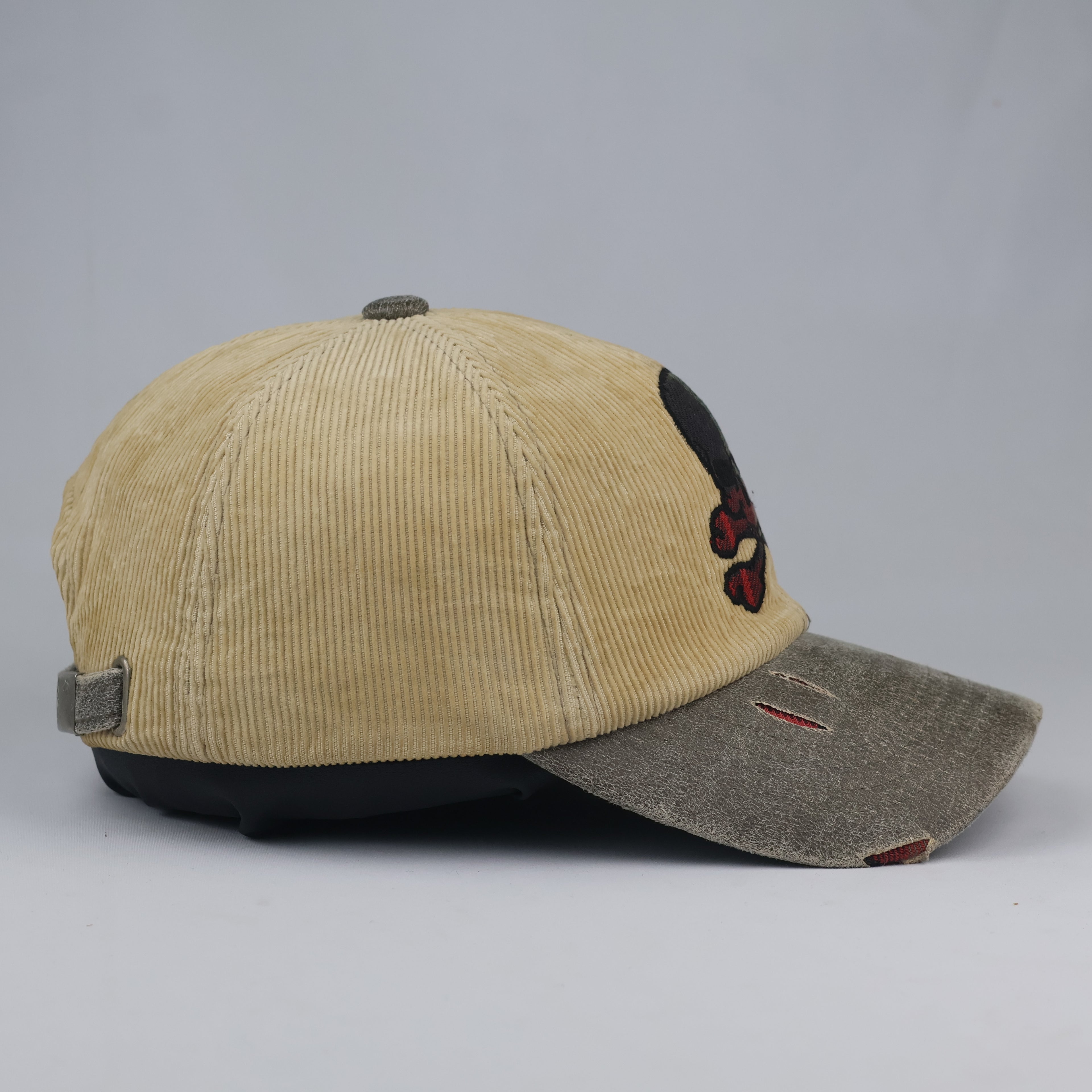 Grunge Skull Embroidered Corduroy Cap | Thrifted Plaid Brim Hat 56-58cm