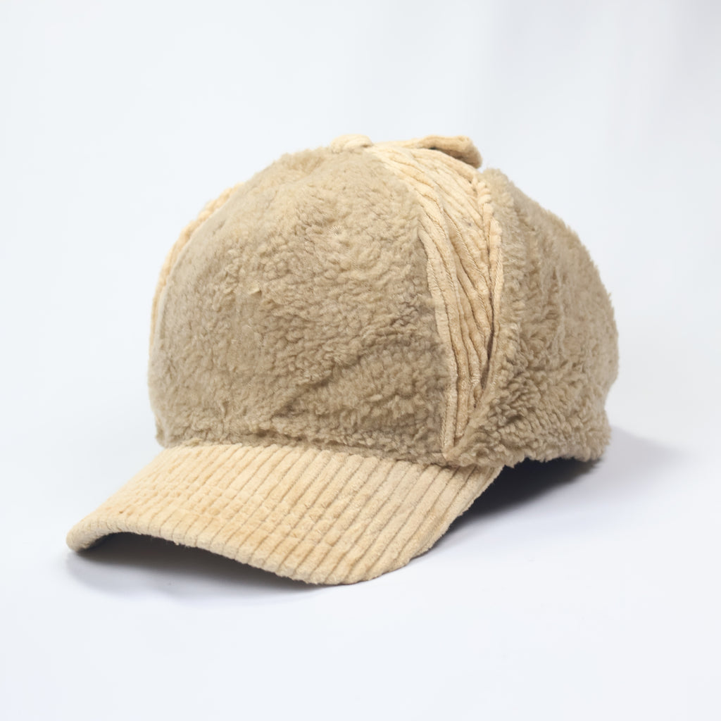 Beige Corduroy & Sherpa Aviator Hat | Earflap Trapper Cap with Snap Buttons
