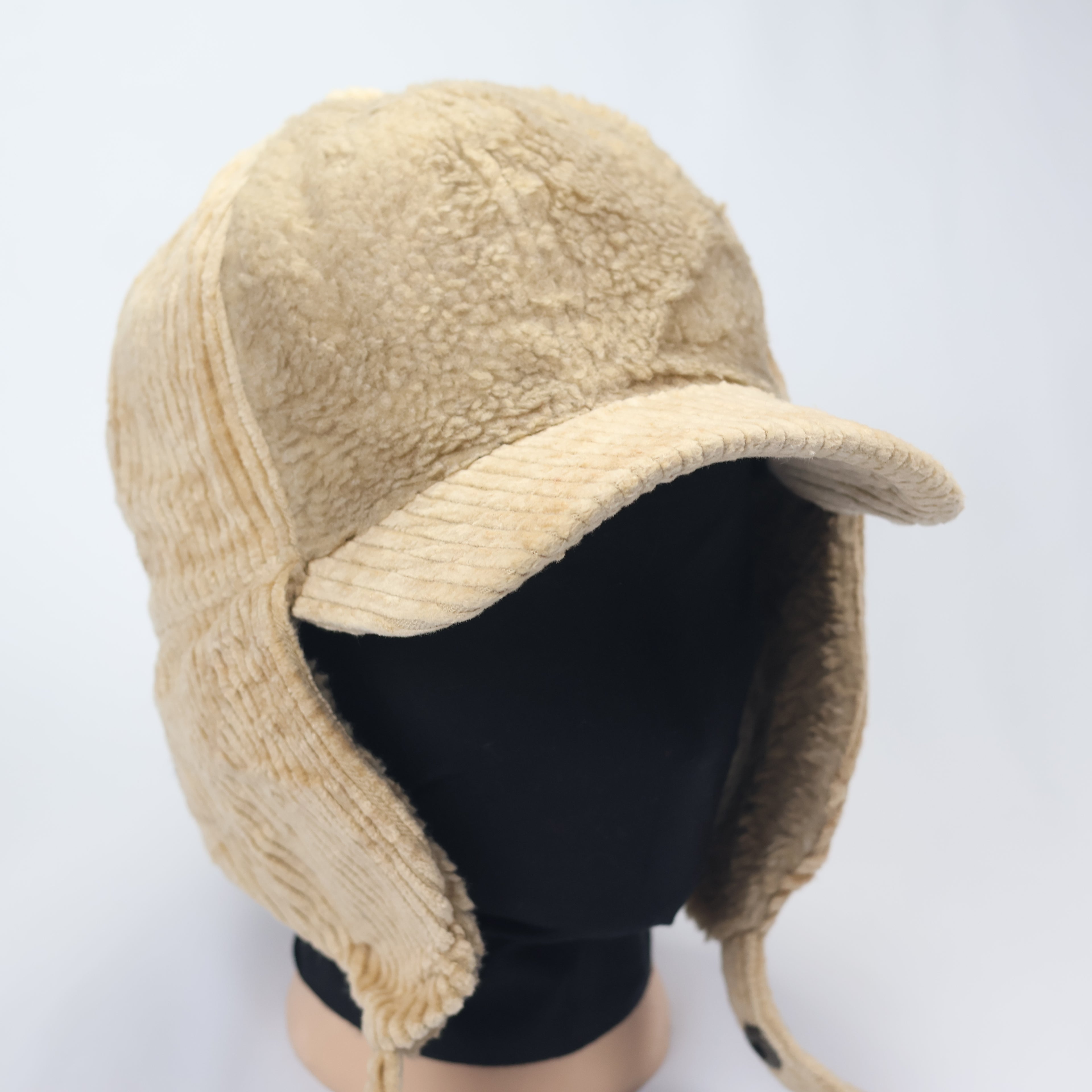 Beige Corduroy & Sherpa Aviator Hat | Earflap Trapper Cap with Snap Buttons