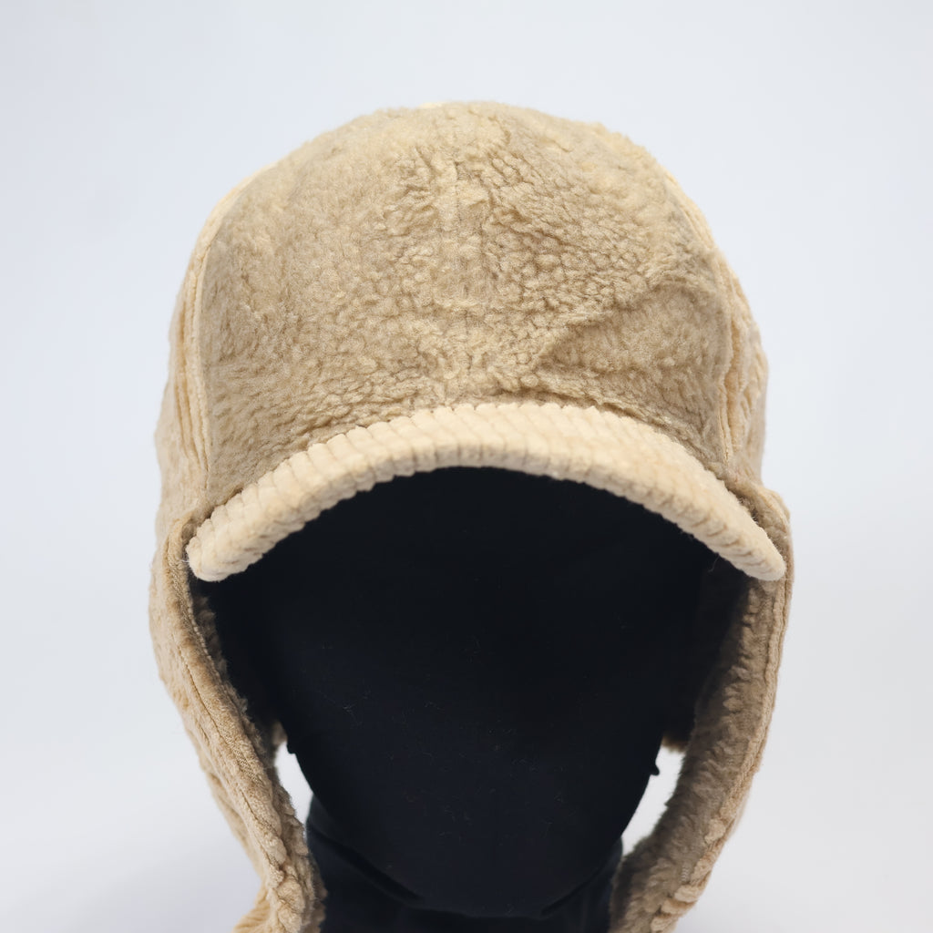Beige Corduroy & Sherpa Aviator Hat | Earflap Trapper Cap with Snap Buttons