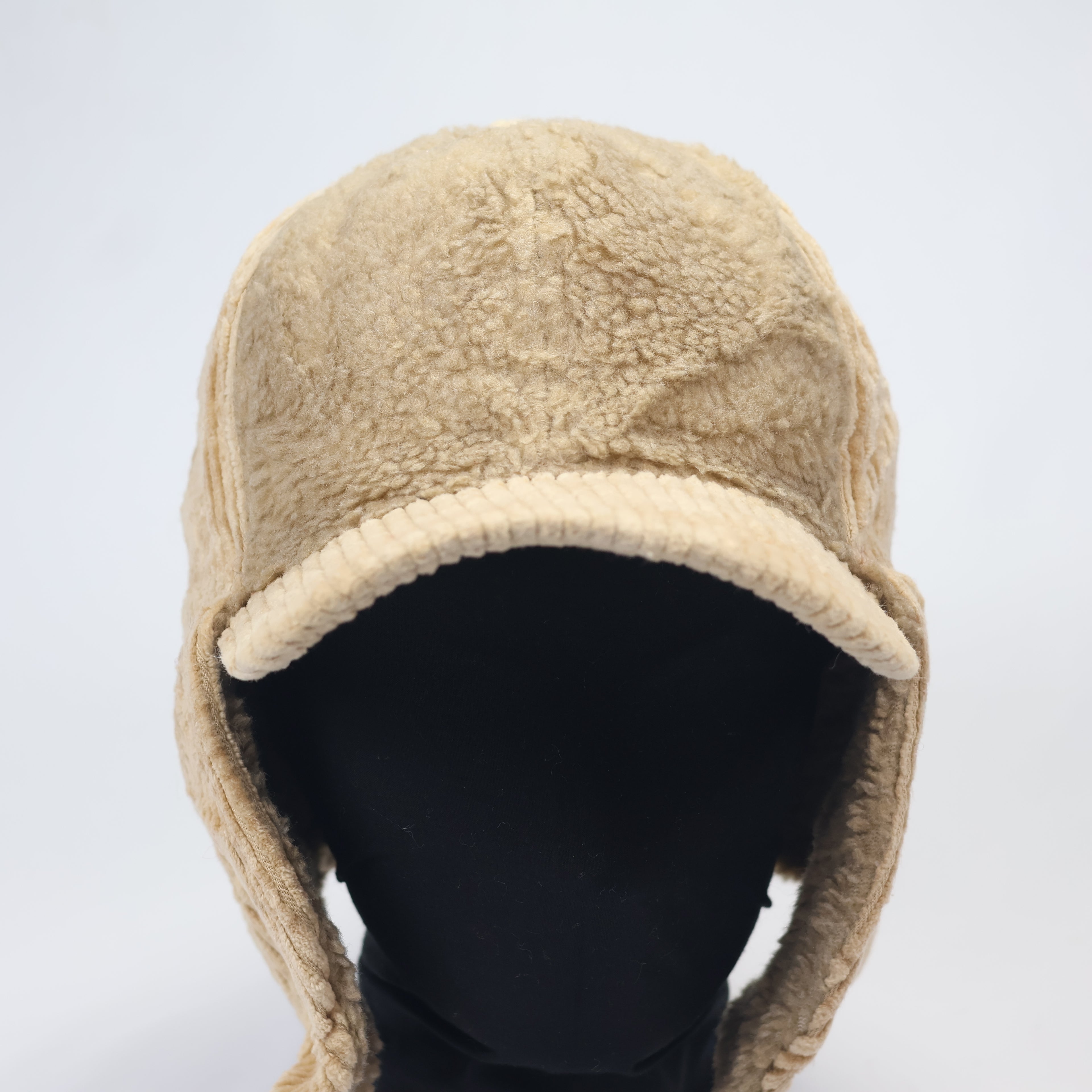 Beige Corduroy & Sherpa Aviator Hat | Earflap Trapper Cap with Snap Buttons