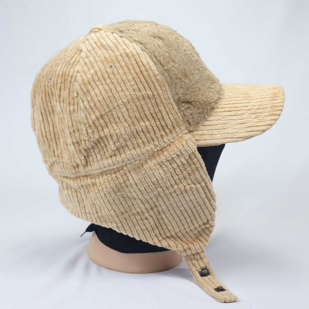 Beige Corduroy & Sherpa Aviator Hat | Earflap Trapper Cap with Snap Buttons