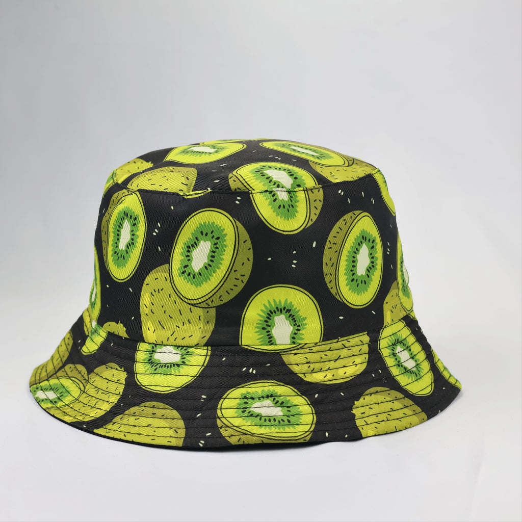 Reversible Kiwi Fruit Bucket Thrifted Hat | Black & Green Summer Sun Cap