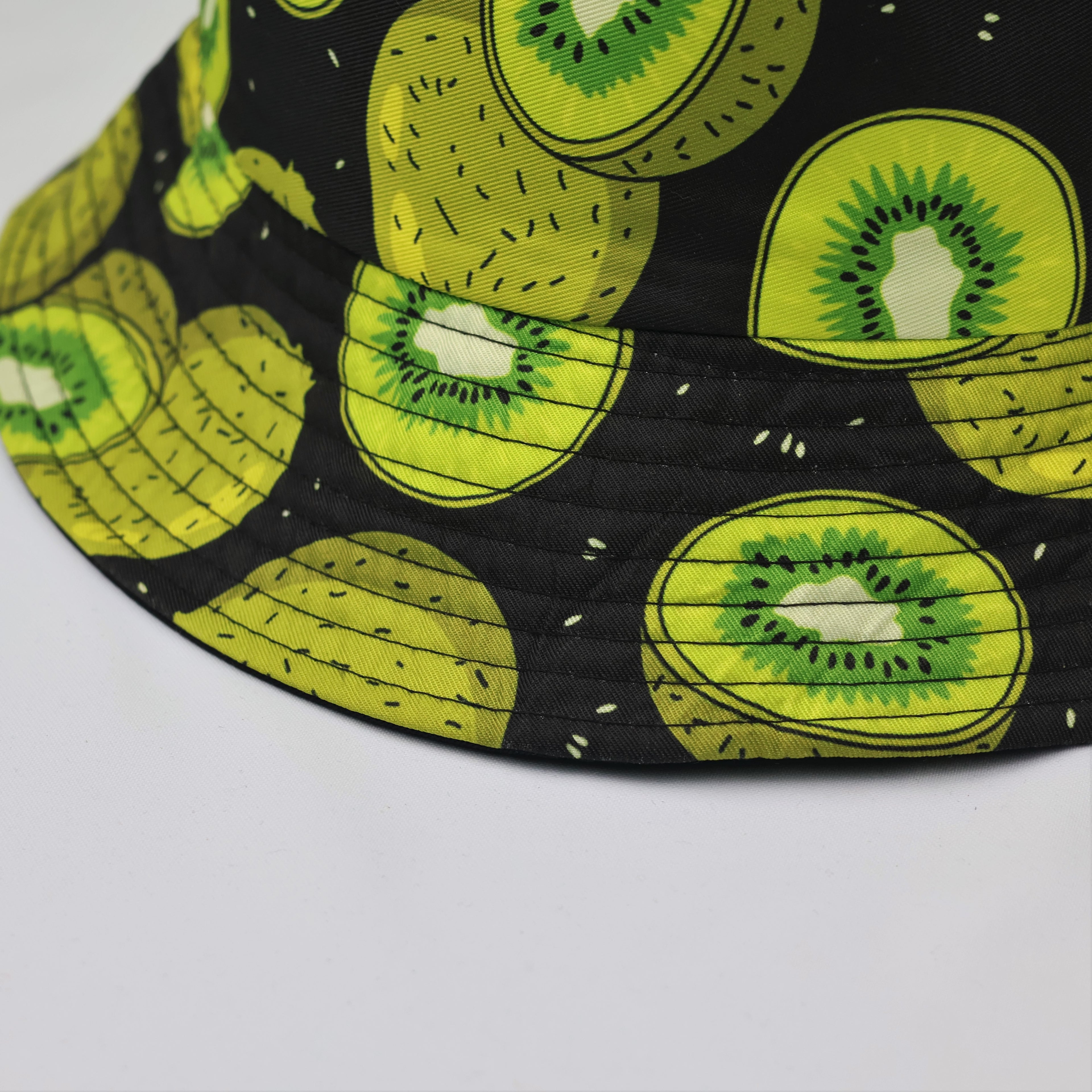 Reversible Kiwi Fruit Bucket Thrifted Hat | Black & Green Summer Sun Cap