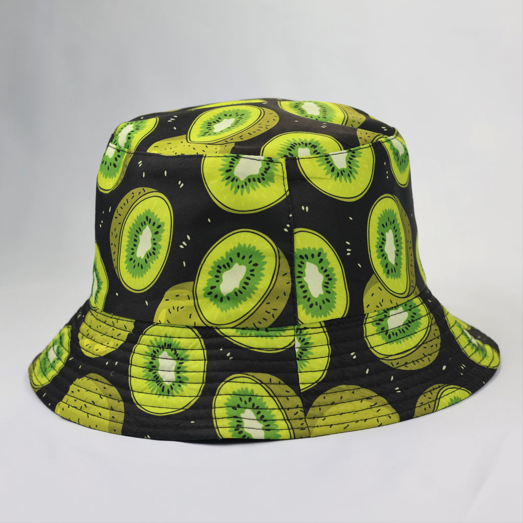 Reversible Kiwi Fruit Bucket Thrifted Hat | Black & Green Summer Sun Cap