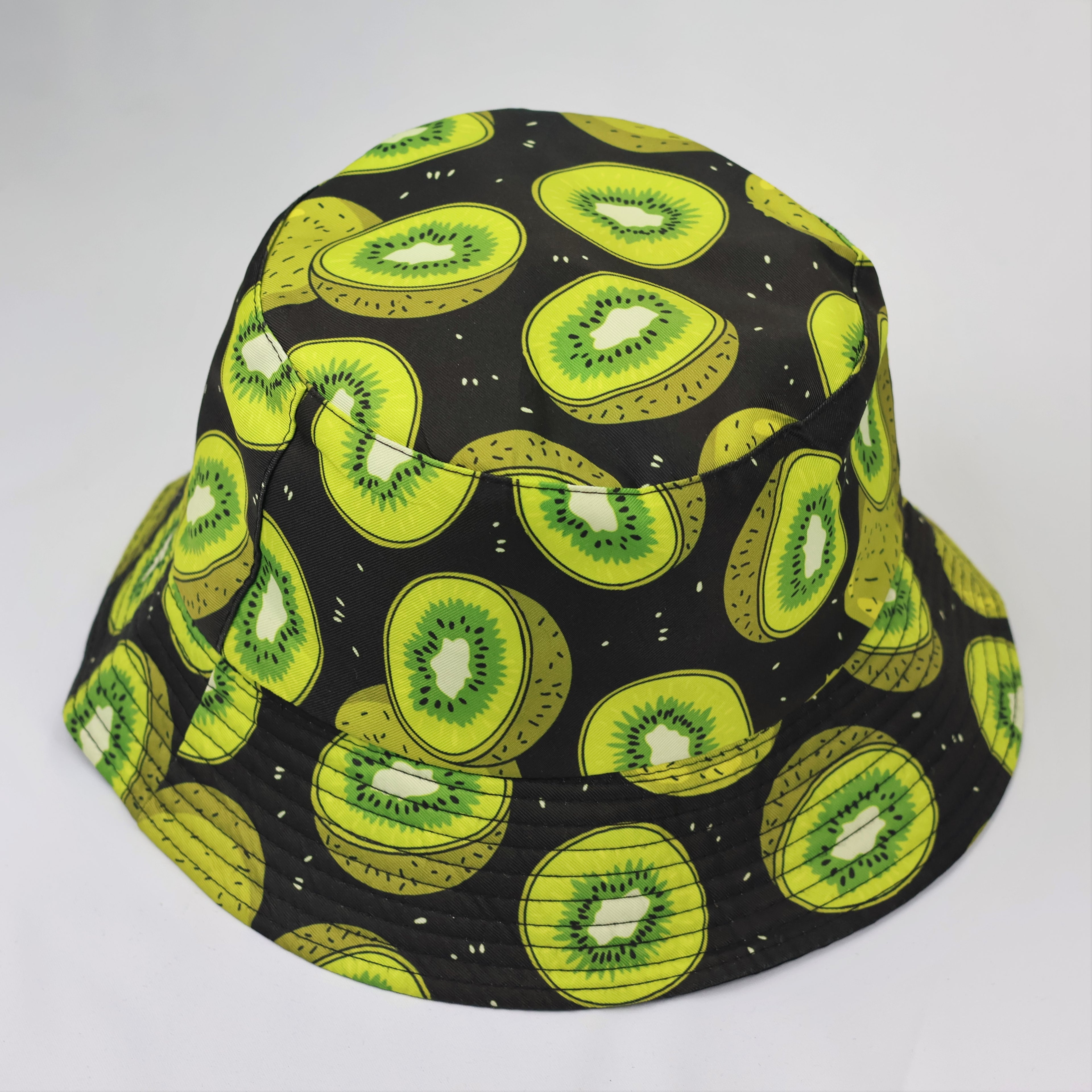 Reversible Kiwi Fruit Bucket Thrifted Hat | Black & Green Summer Sun Cap