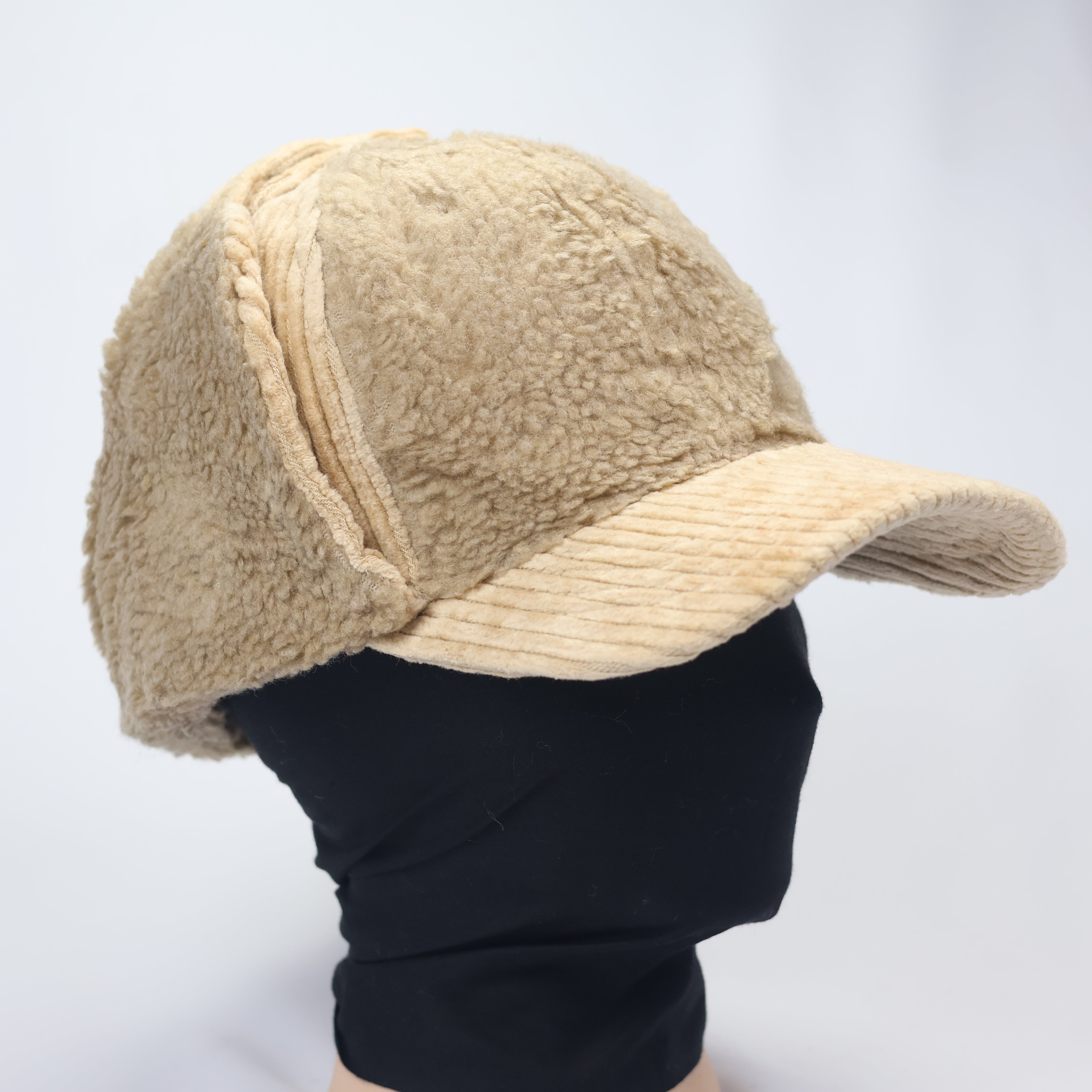 Beige Corduroy & Sherpa Aviator Hat | Earflap Trapper Cap with Snap Buttons