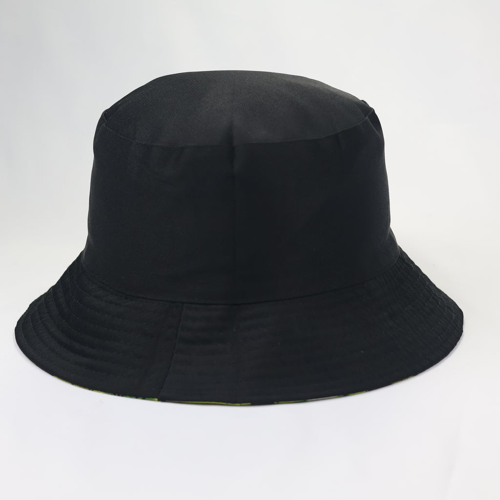 Reversible Kiwi Fruit Bucket Thrifted Hat | Black & Green Summer Sun Cap