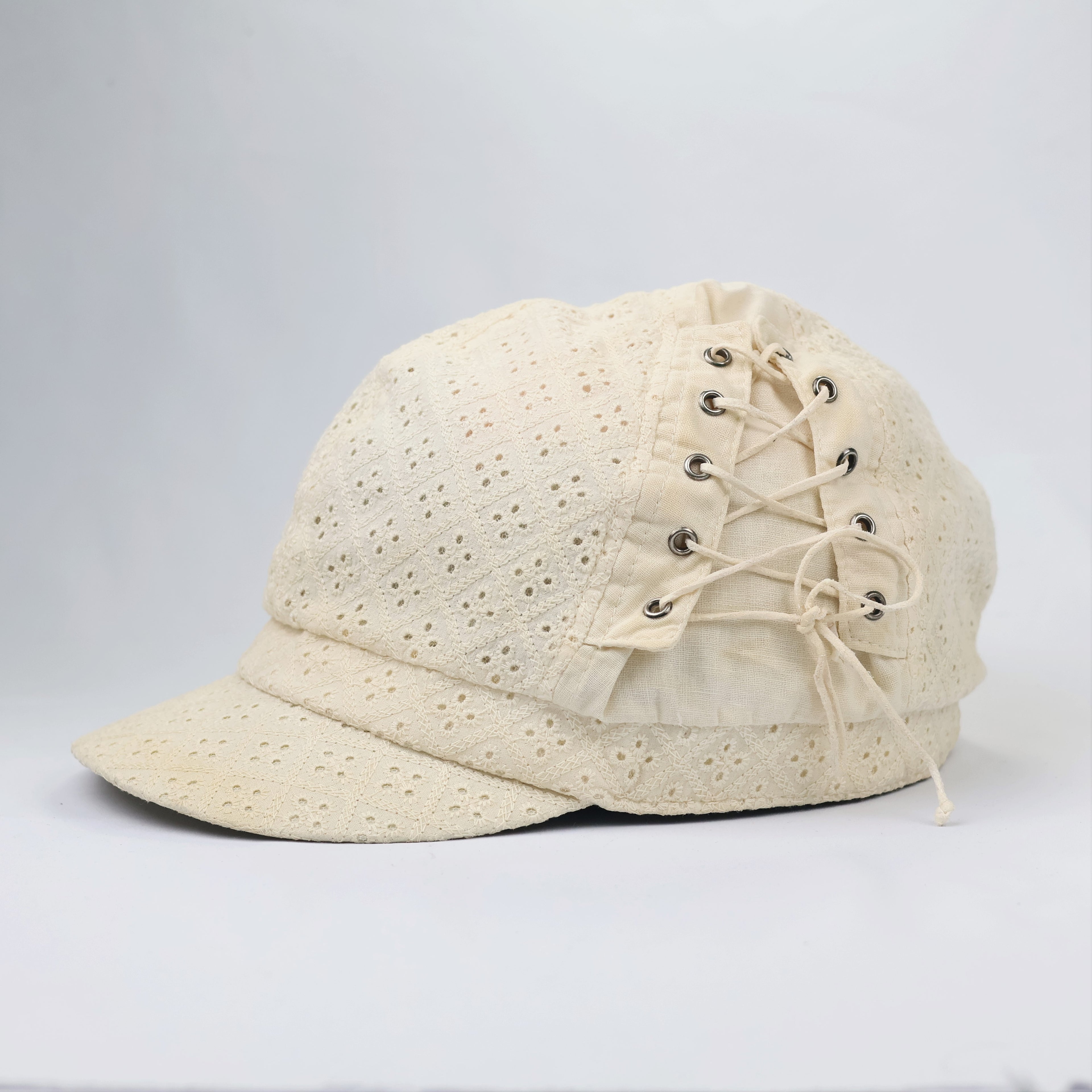 Boho Chic Eyelet Embroidery Thrifted Hat | Cream Floral Lace Cap