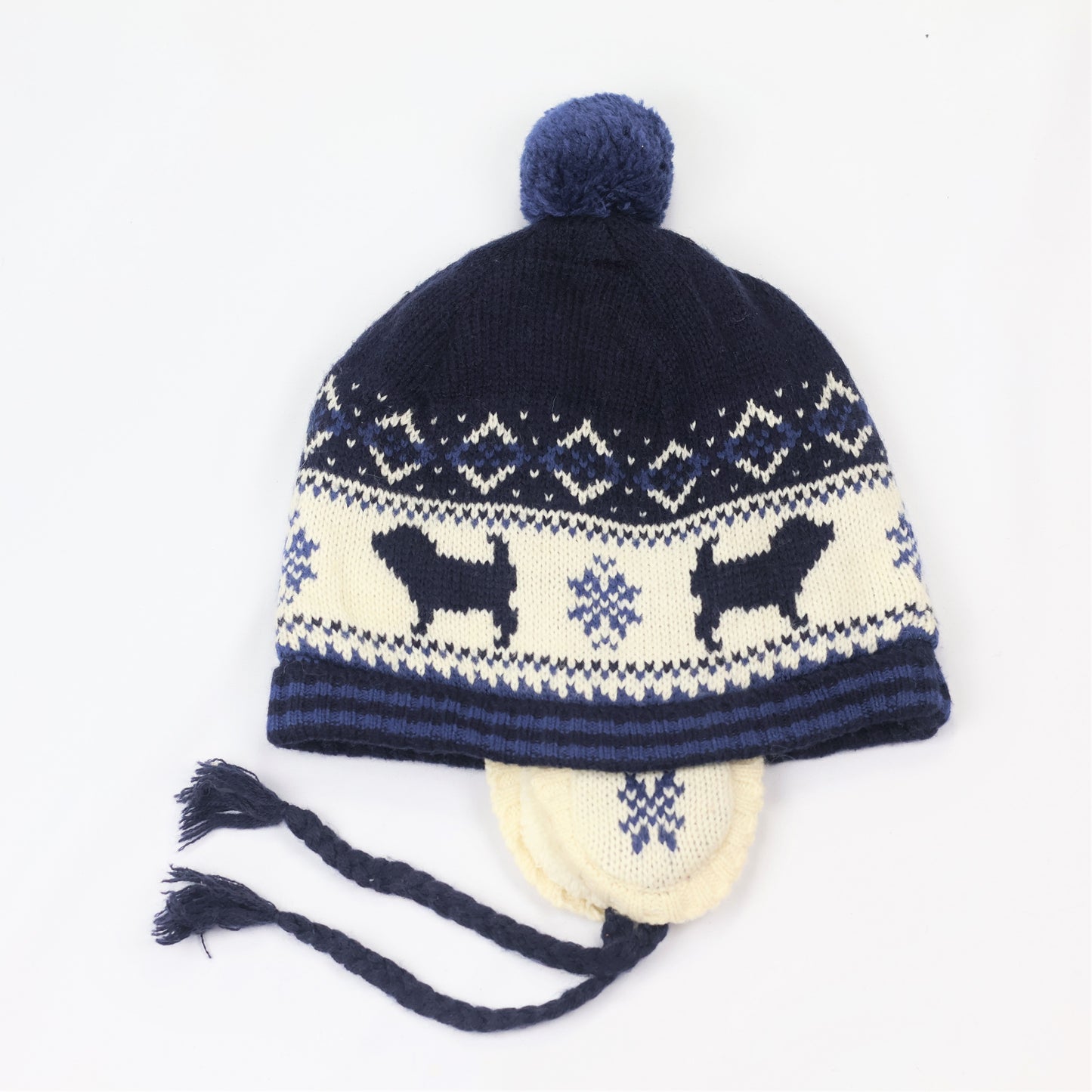 BLUEDOG Kids Earflap Beanie – Navy Nordic Dog Pattern with Warm Fleece Lining