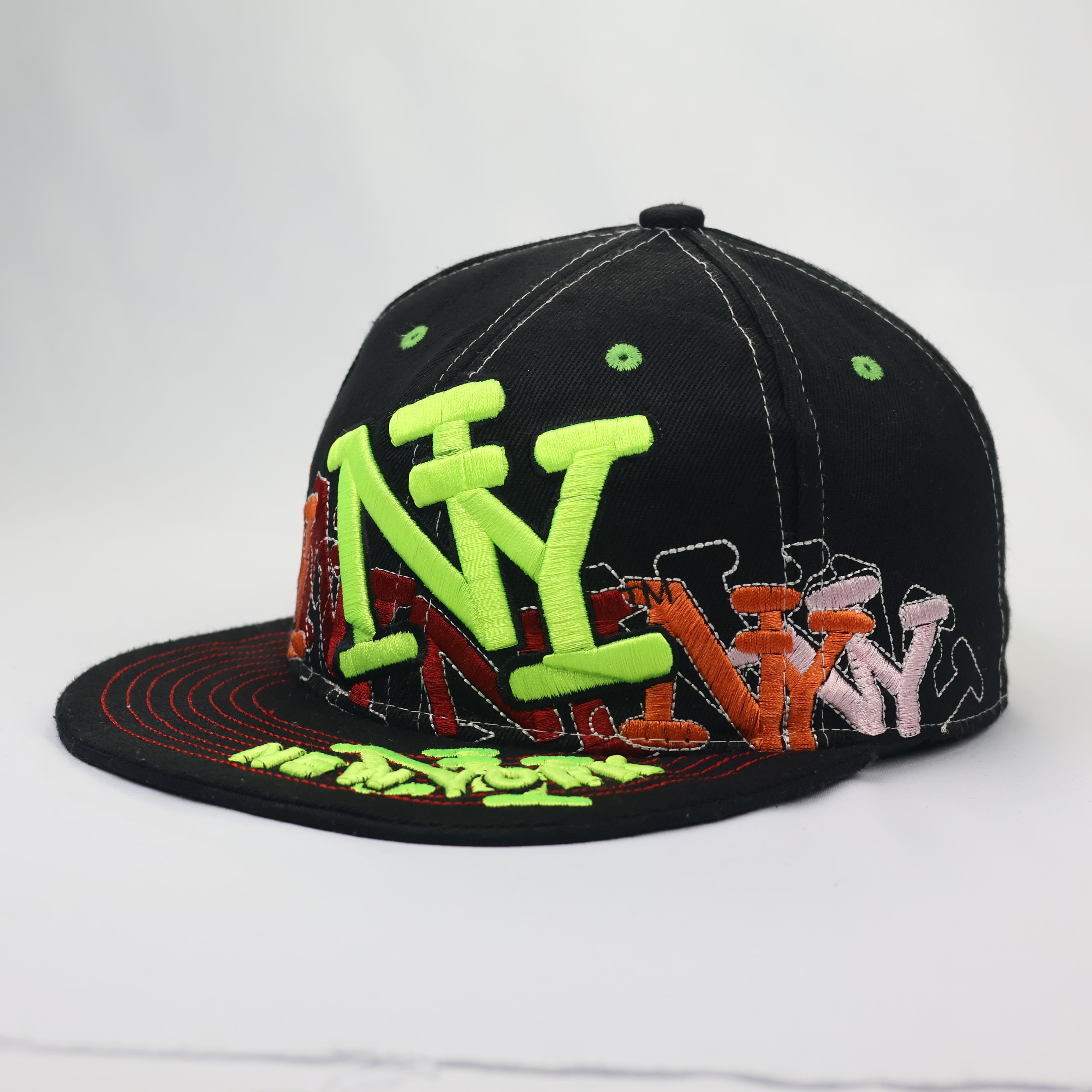 Kids Neon Graffiti New York Flat Brim Thrifted Cap | Black & Lime NY Snapback Hat