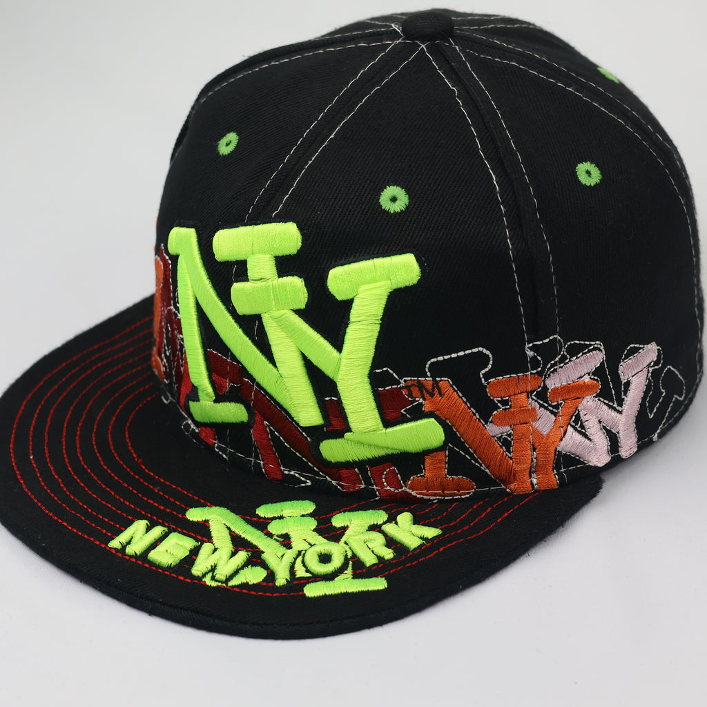 Kids Neon Graffiti New York Flat Brim Thrifted Cap | Black & Lime NY Snapback Hat