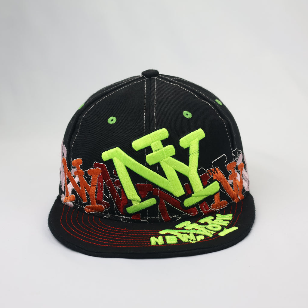 Kids Neon Graffiti New York Flat Brim Thrifted Cap | Black & Lime NY Snapback Hat