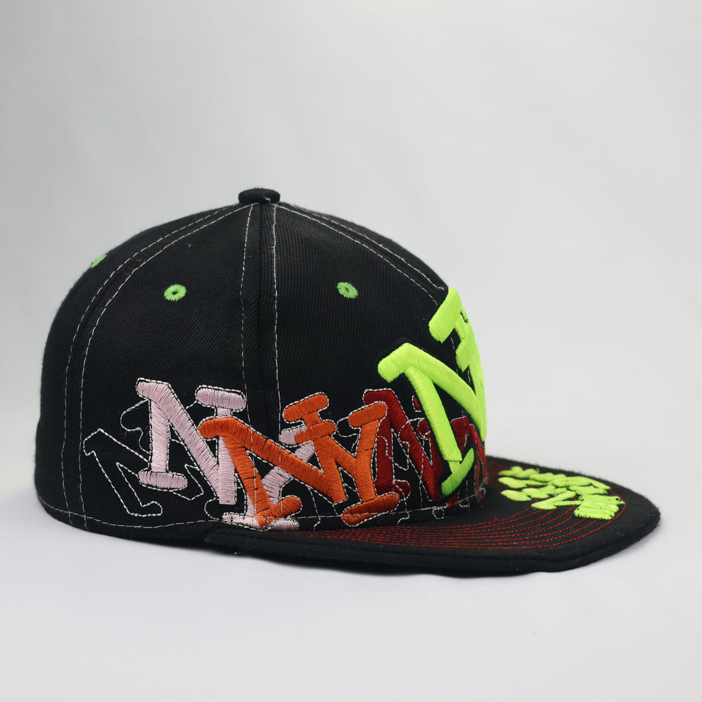 Kids Neon Graffiti New York Flat Brim Thrifted Cap | Black & Lime NY Snapback Hat