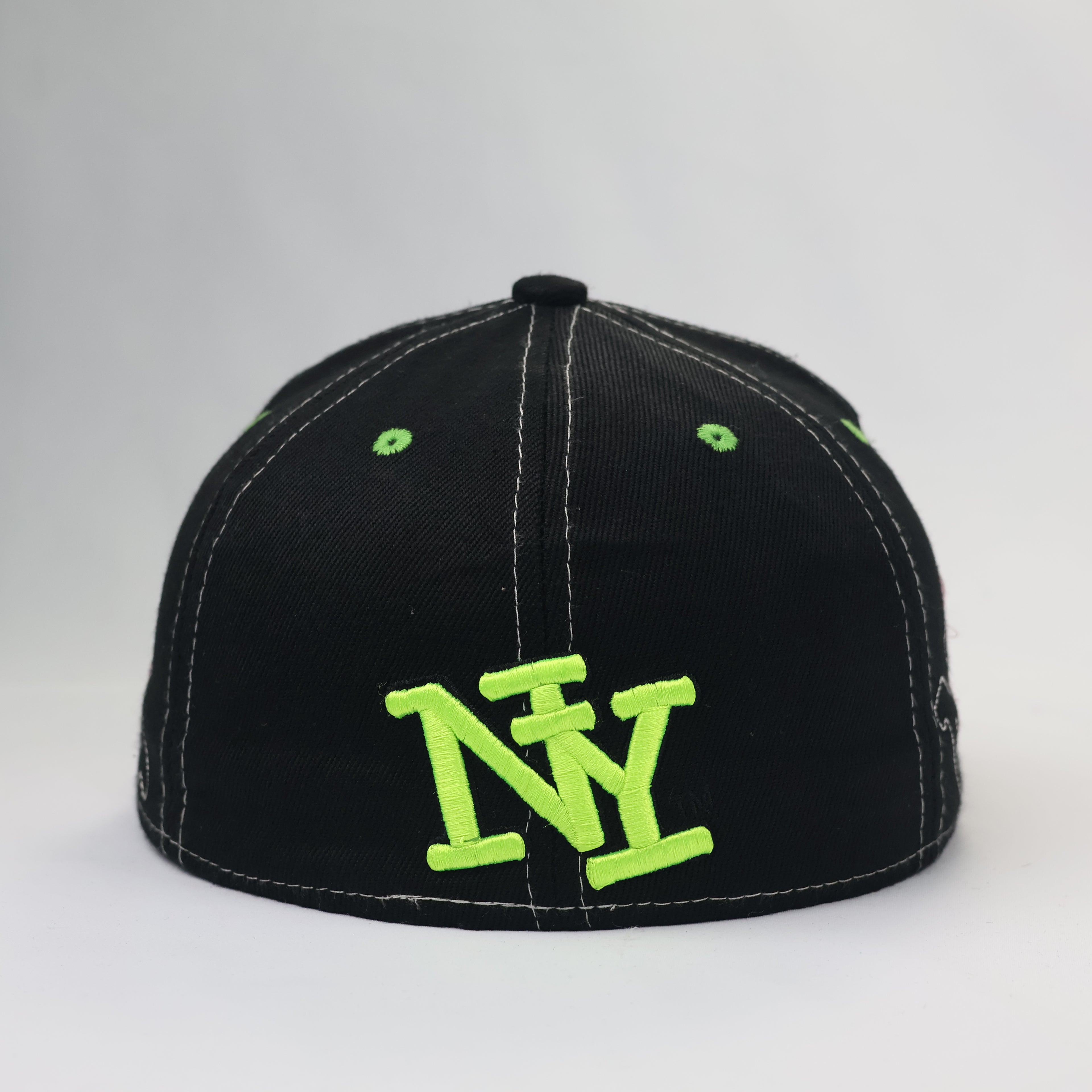 Kids Neon Graffiti New York Flat Brim Thrifted Cap | Black & Lime NY Snapback Hat
