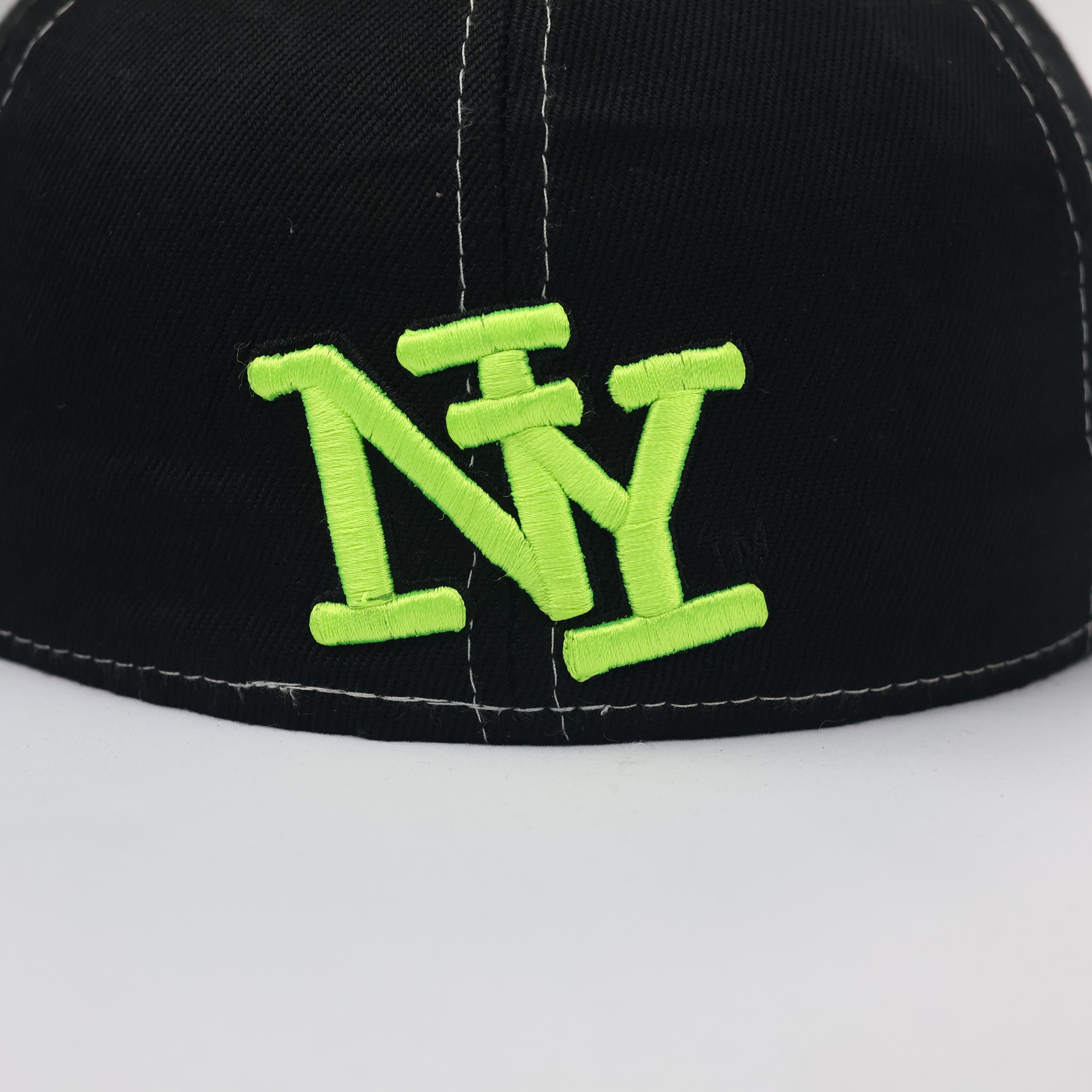 Kids Neon Graffiti New York Flat Brim Thrifted Cap | Black & Lime NY Snapback Hat